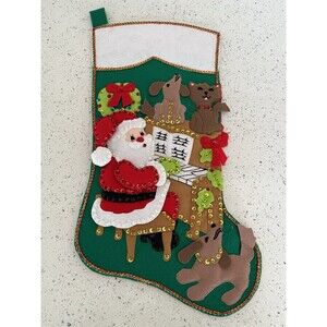 COMPLETED Titan Christmas Santa & Piano Holiday Felt Stocking #95179 Dogs Cats